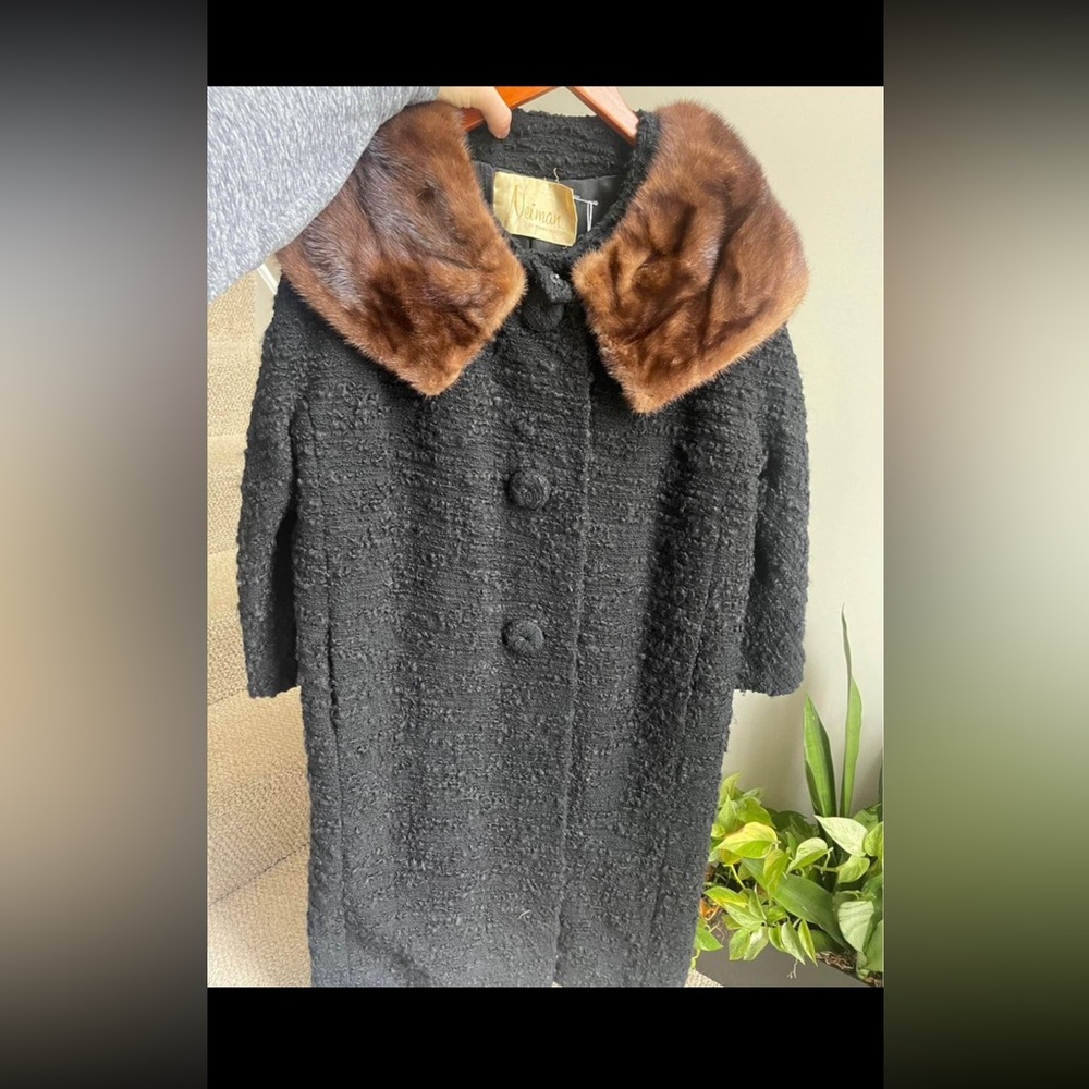 Neiman Marcus coat with fur on neck. Crops sleeves